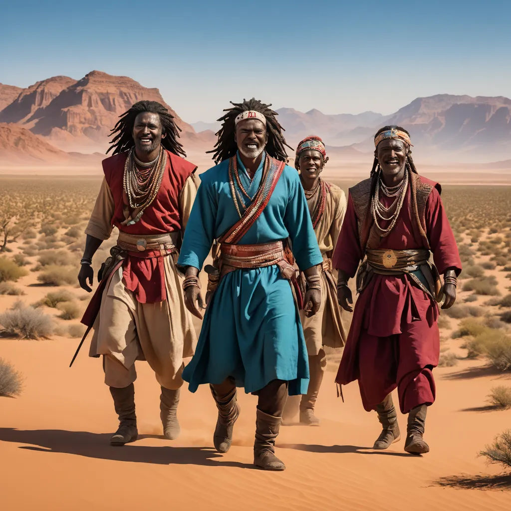 a group of men in native american clothing walking across a desert landscape with mountains in the background and sand dunes in the foreground, afrofuturism, a poster, Chafik Charobim, promotional image