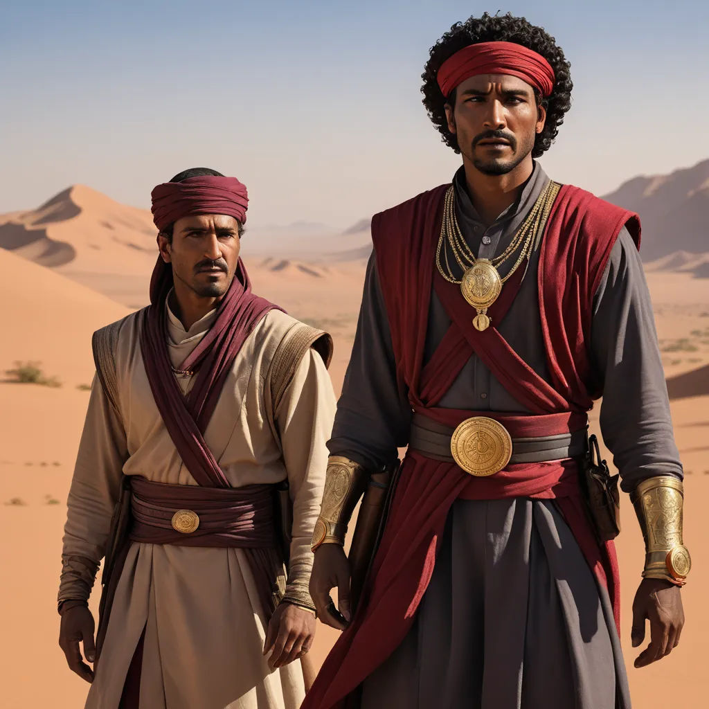 two men in desert attire standing next to each other in the desert with sand dunes in the background and a blue sky, hurufiyya, a renaissance painting, Altoon Sultan, promotional image