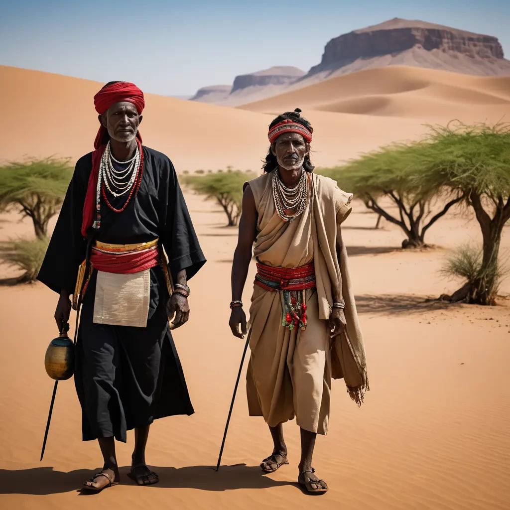 two men in native clothing walking in the desert with trees in the background and a mountain in the distance, les nabis, a photo, Chafik Charobim, desert
