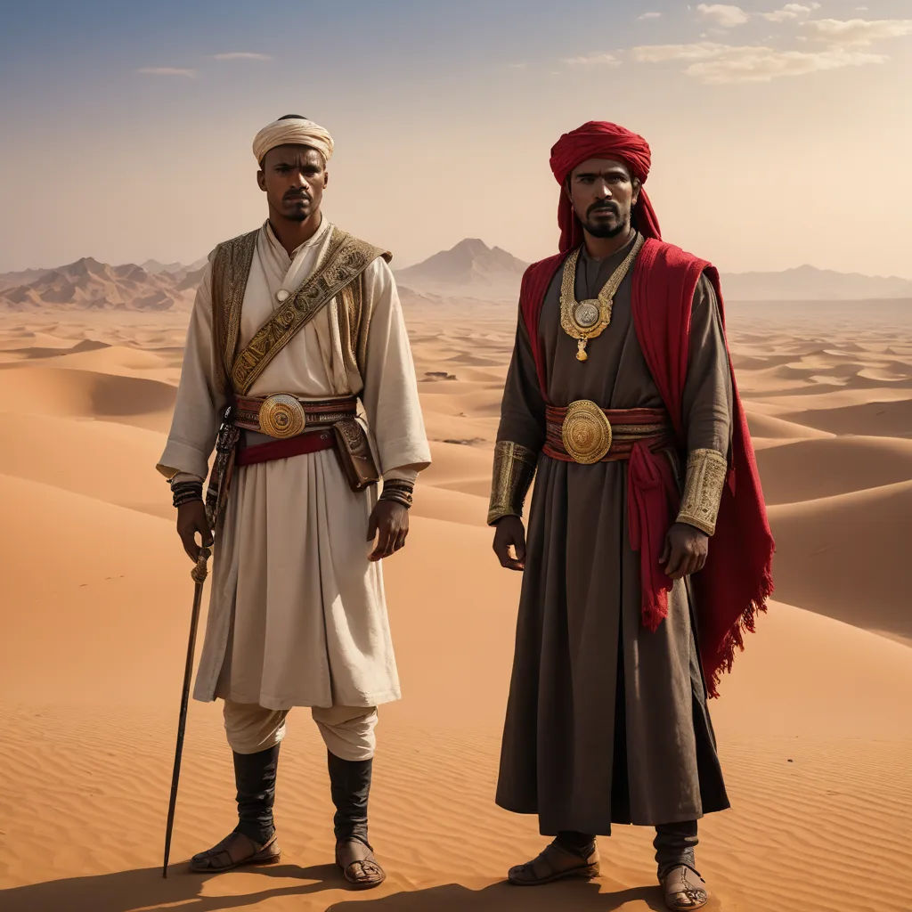 two men in desert attire standing next to each other in the desert with sand dunes in the background and a mountain range in the distance, afrofuturism, a detailed matte painting, Altoon Sultan, promotional image