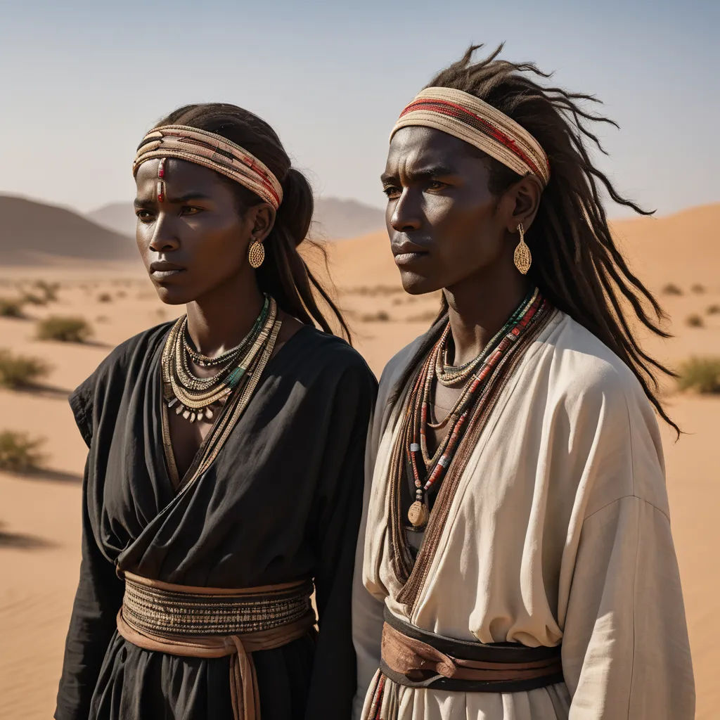 two women in native clothing standing in the desert with their heads wrapped around their necks and wearing jewelry and headbands, afrofuturism, a poster, Dorothea Braby, cinematic photography