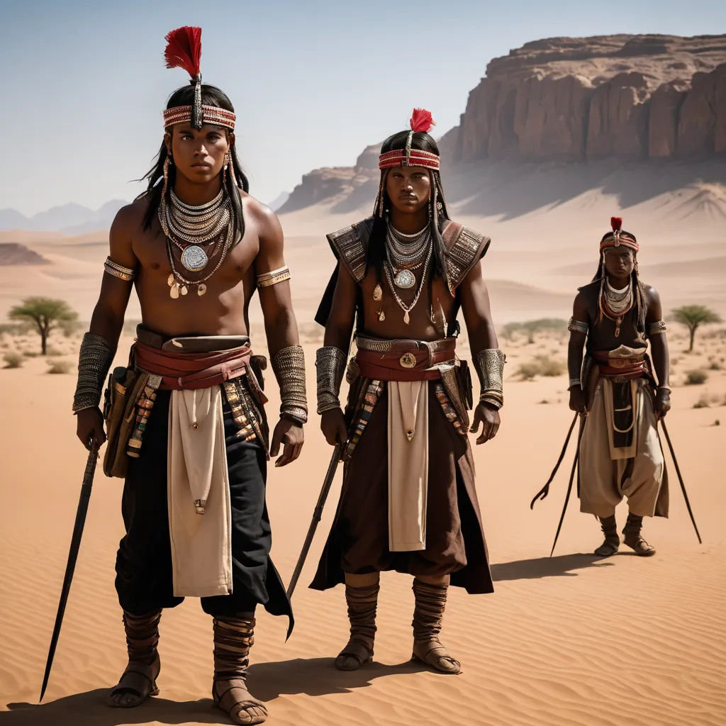 three men in native american costumes standing in the desert with mountains in the background and sand dunes in the foreground, afrofuturism, a poster, Chafik Charobim, promotional image
