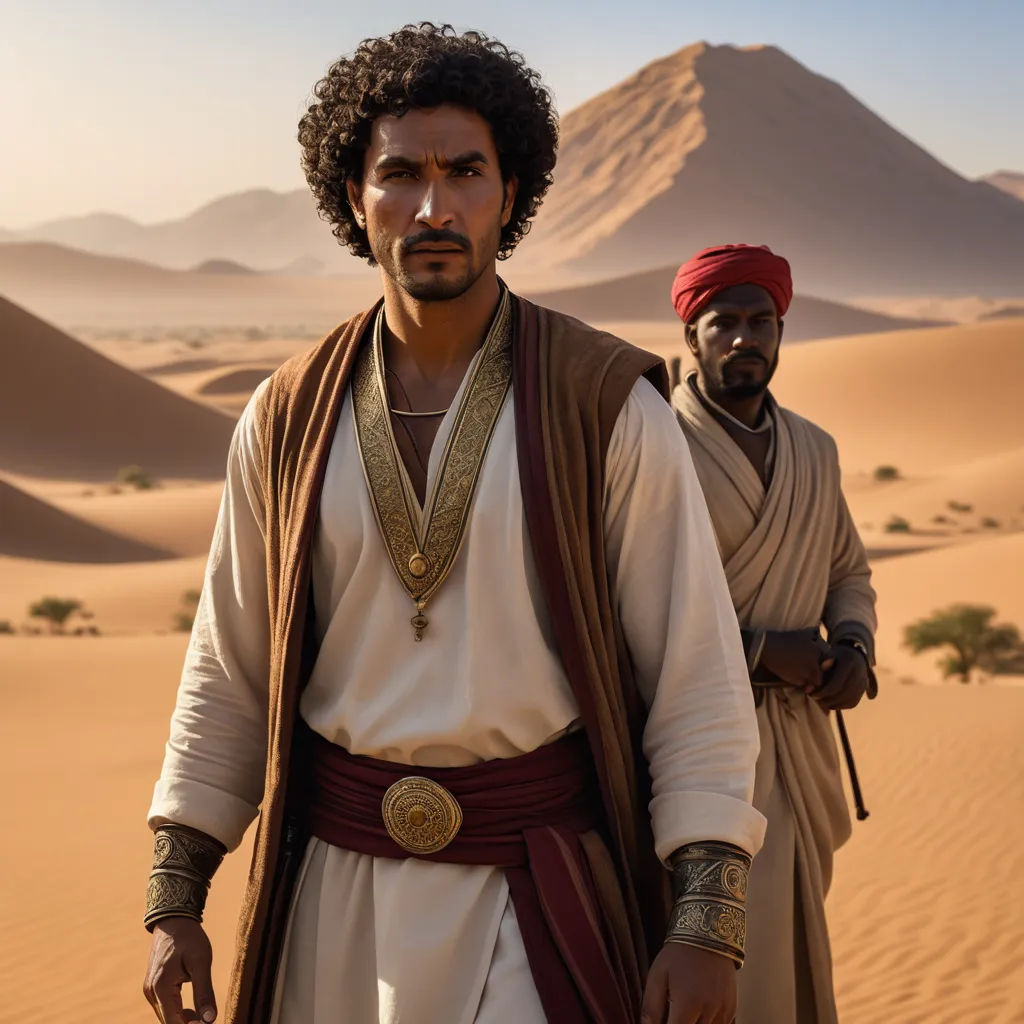 two men in desert attire standing in the sand dunes of a desert area with mountains in the background and sand dunes in the foreground, hurufiyya, a poster, Farid Mansour, promotional image