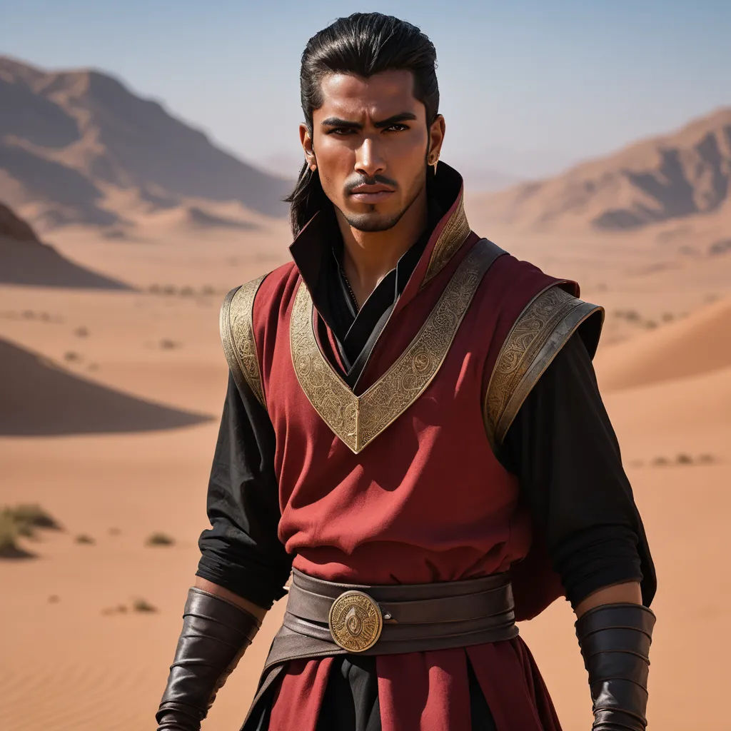 a man in a red and black outfit standing in the desert with mountains in the background and sand dunes, dau-al-set, a character portrait, Altoon Sultan, orientalism