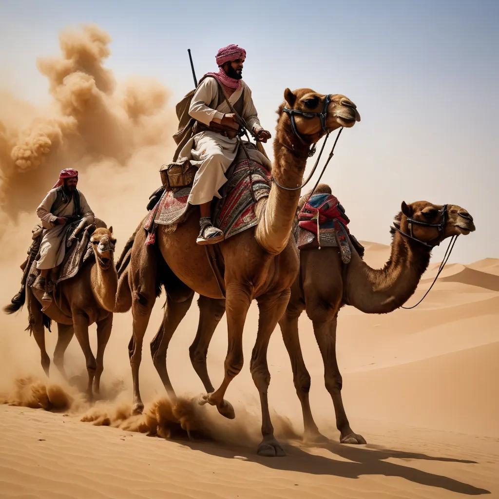 a man riding a camel in the desert with two other camels behind him and a dust cloud in the background, art photography, egyptian art, Arie Smit, desert