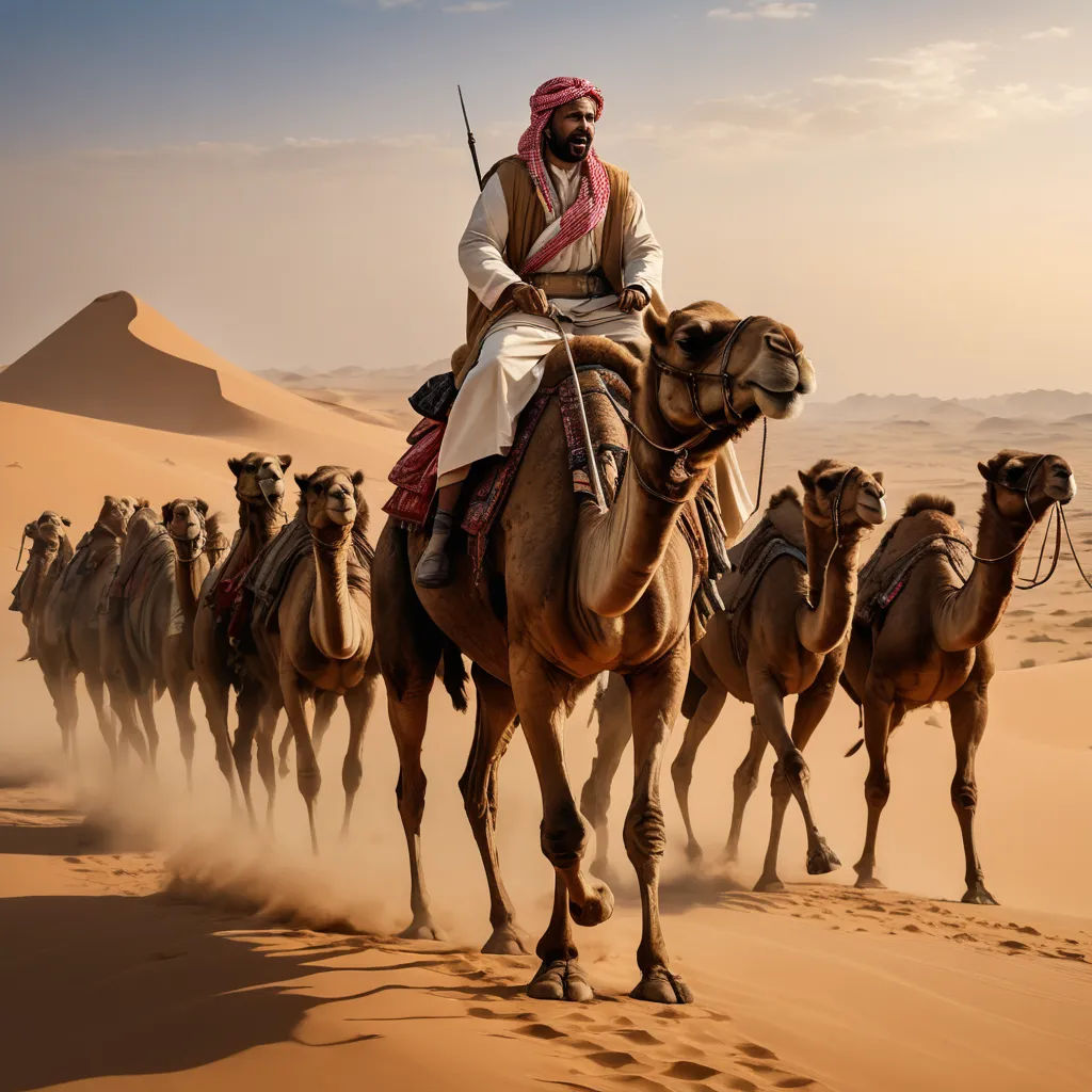 a man riding a camel in the desert with a herd of camels behind him and a desert landscape behind him, dau-al-set, a detailed matte painting, Farid Mansour, desert