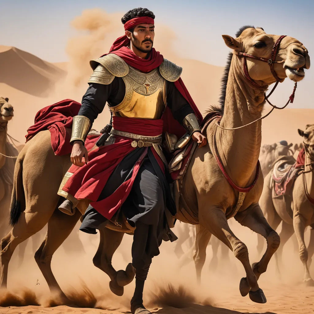 a man in a red and gold outfit riding a camel in the desert with a herd of camels behind him, dau-al-set, a poster, Altoon Sultan, promotional image
