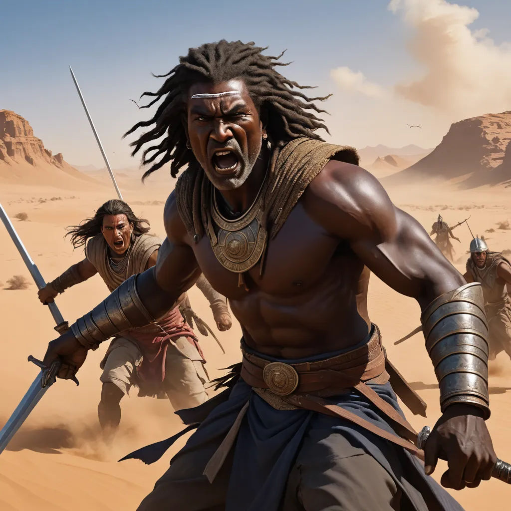 a man with dreadlocks and a sword in a desert scene with two other men in the background, fantasy art, a detailed matte painting, Clint Cearley, mars ravelo and greg rutkowski