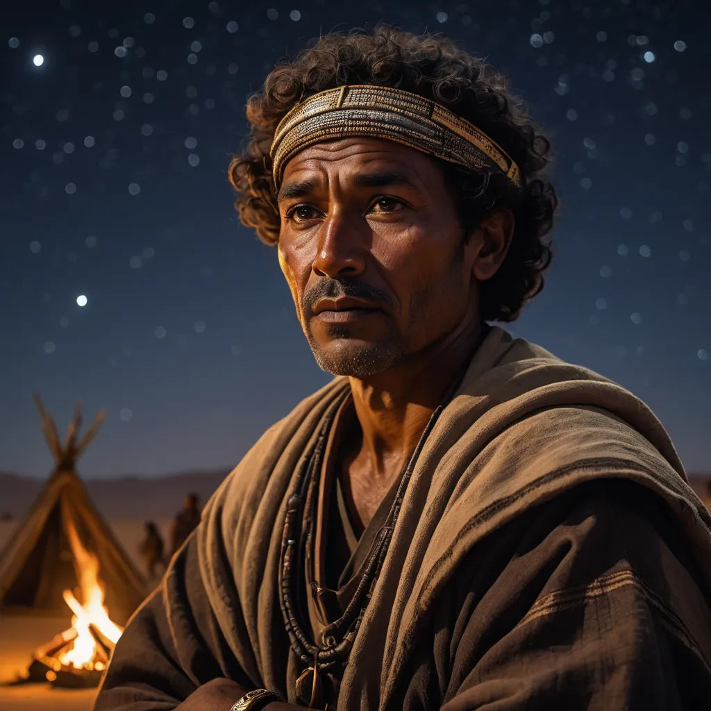 a man in a brown robe standing in front of a fire pit with a night sky background and stars, afrofuturism, a character portrait, Amir Zand, promotional image