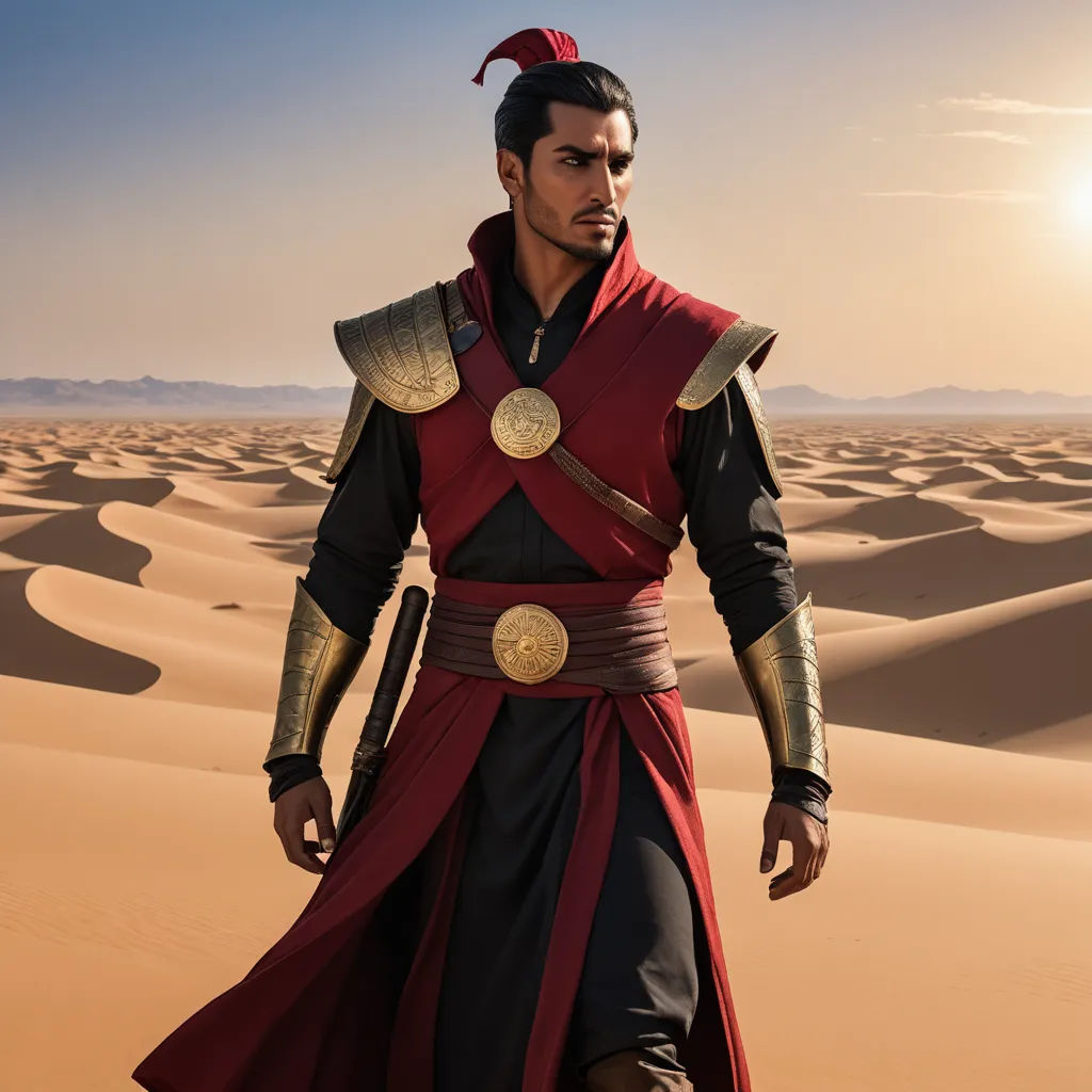 a man in a desert with a red cape and a black and gold outfit and a red and black cape, dau-al-set, a character portrait, Altoon Sultan, cosplay