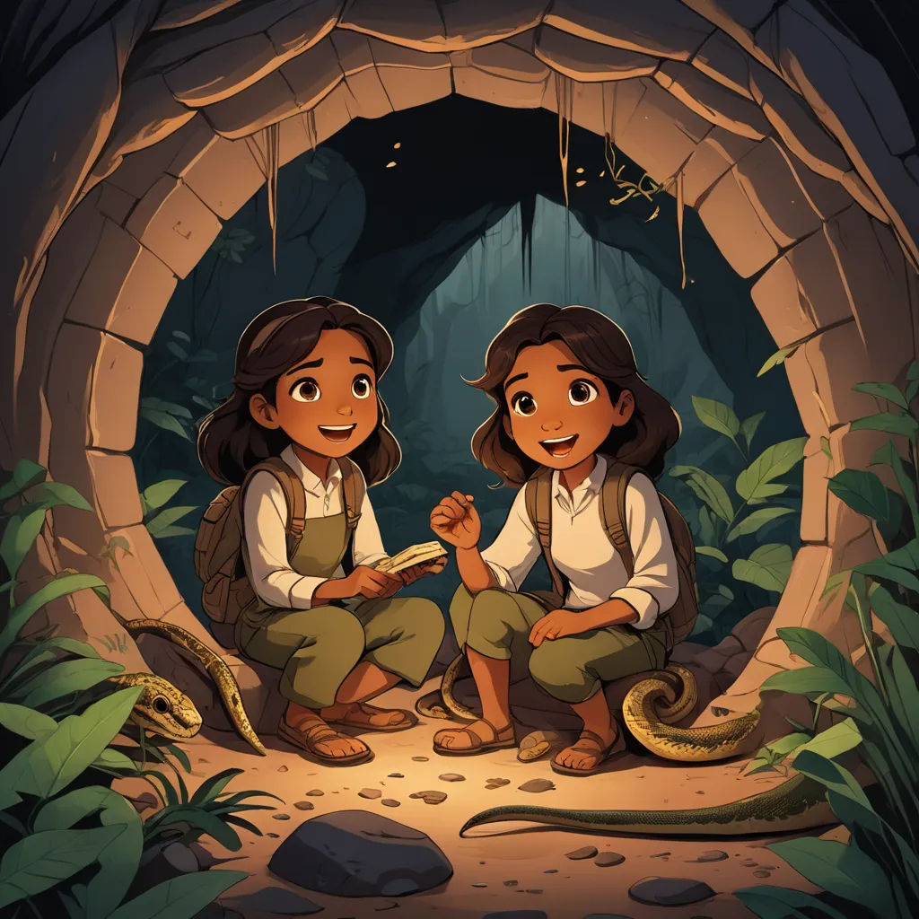 two children sitting in a cave with a snake in front of them and a snake on the ground in front of them, private press, a storybook illustration, Diego Gisbert Llorens, comic cover art