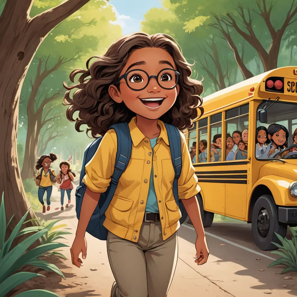 a cartoon of a girl walking down a road with a school bus in the background and a group of children behind her, magical realism, a storybook illustration, Cliff Childs, official art