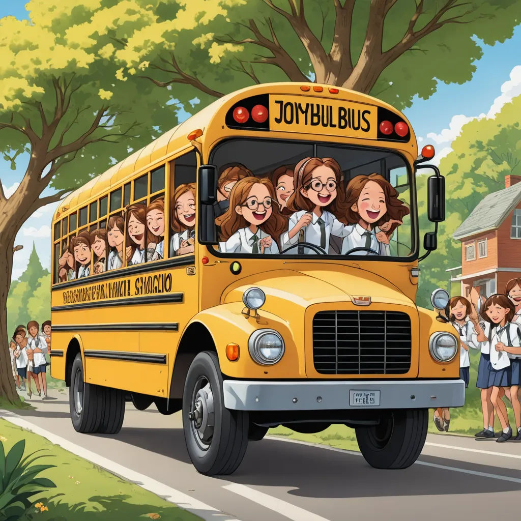 a school bus with a group of children on the front of it driving down a road with a group of people standing on the side of the bus, fantastic realism, a storybook illustration, Charles McAuley, detailed illustration