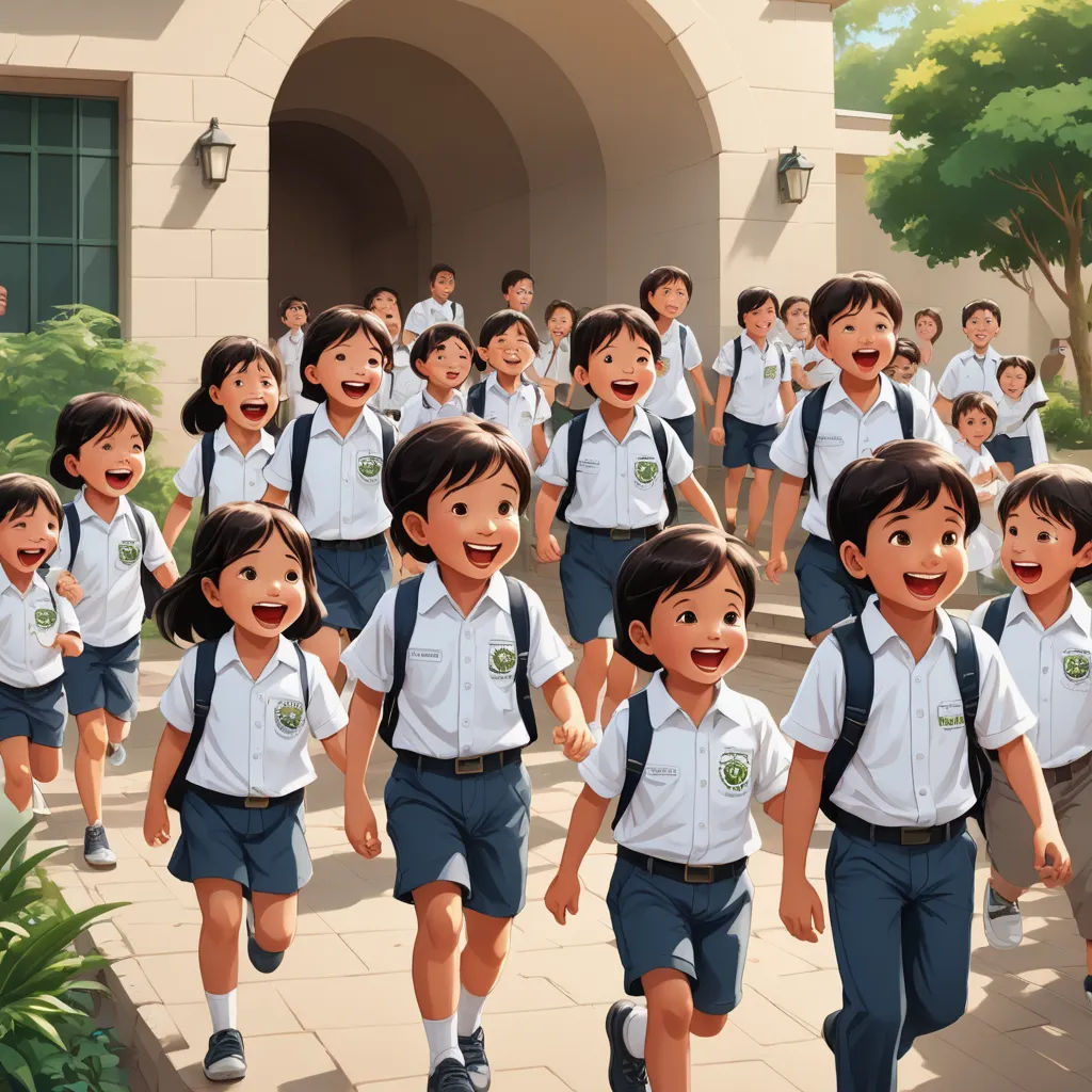 a group of children walking down a sidewalk in front of a building with a bunch of people in the background, vancouver school, a storybook illustration, disney, cushart krenz