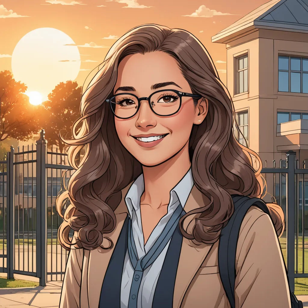 a woman with glasses and a backpack standing in front of a gated area with a building in the background, paris school, a character portrait, Constance Gordon-Cumming, official art