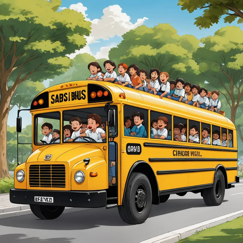 a school bus filled with children riding down a street next to trees and a park with benches on the side of the road, samikshavad, a storybook illustration, Adam Saks, detailed illustration