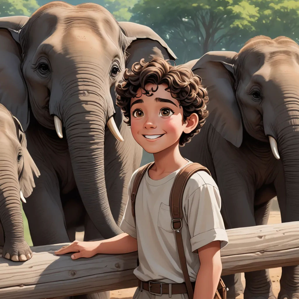 a boy standing next to a fence with elephants behind him and a fence with a boy standing behind the fence, photorealism, a storybook illustration, Cliff Childs, cushart krenz