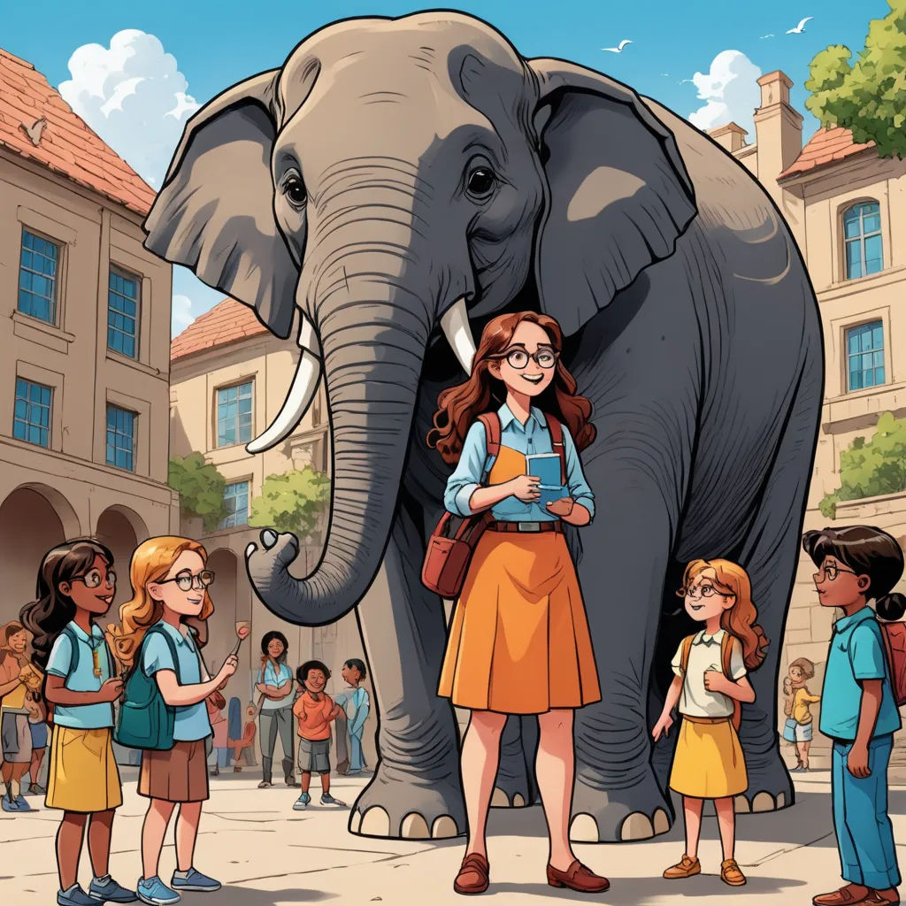 a woman standing in front of an elephant with a group of children standing around her looking at it and a man standing next to her, magical realism, a storybook illustration, Asaf Hanuka, storybook illustration