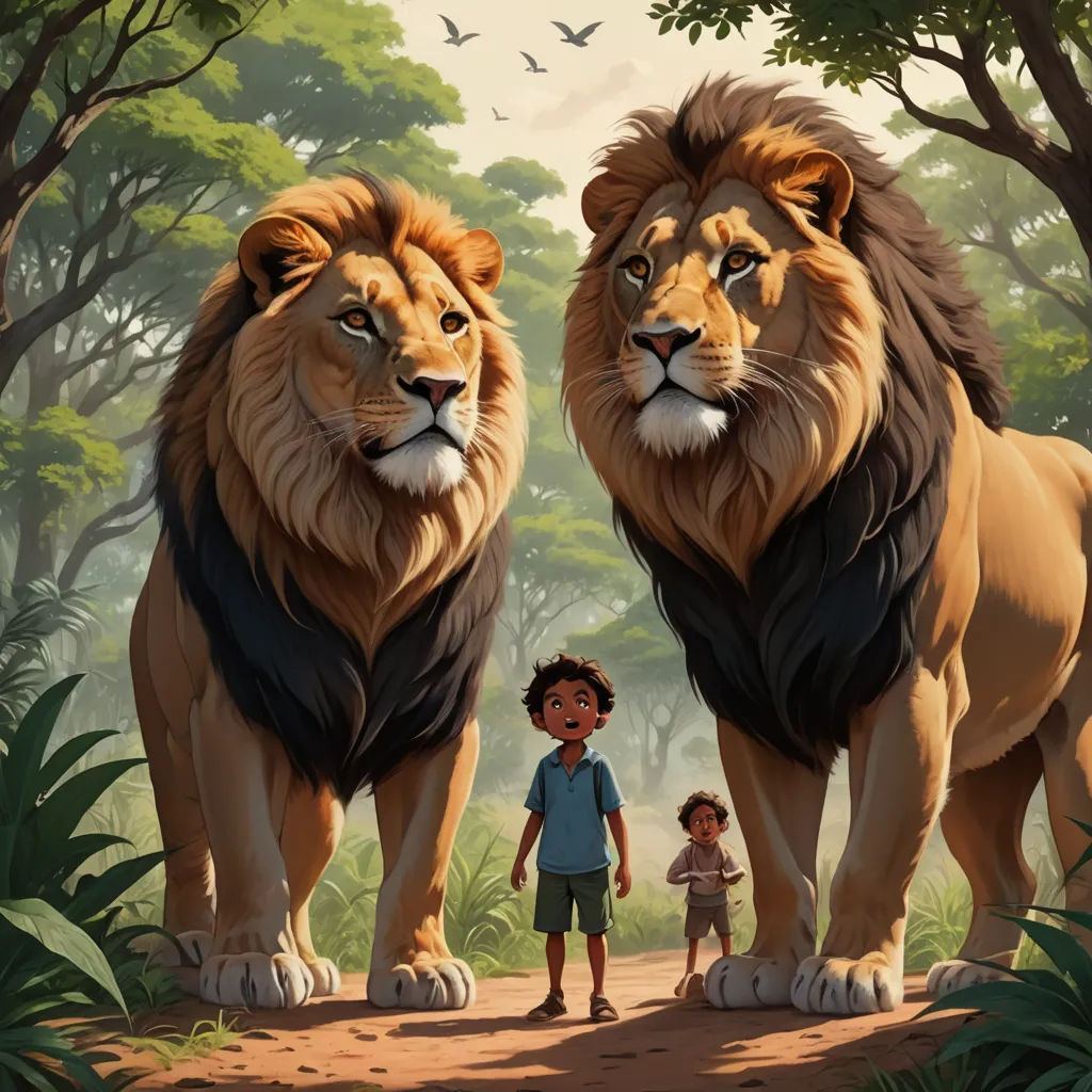 a boy and a lion standing in the middle of a forest with trees and birds flying overhead, with a boy standing next to the lions, sots art, a storybook illustration, Chris LaBrooy, official art