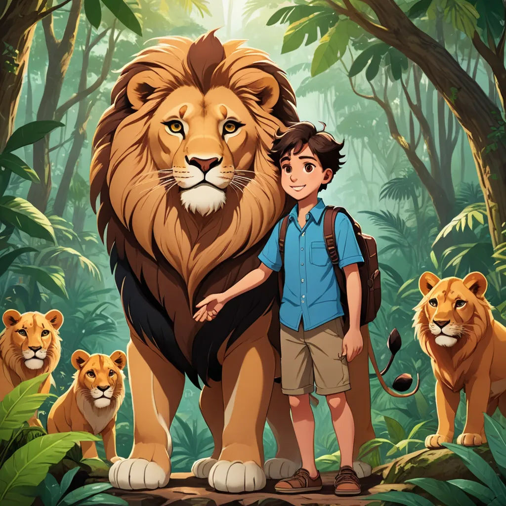 a boy standing next to a lion in a jungle with other lions behind him and a woman standing next to him, sots art, poster art, Diego Gisbert Llorens, promotional image