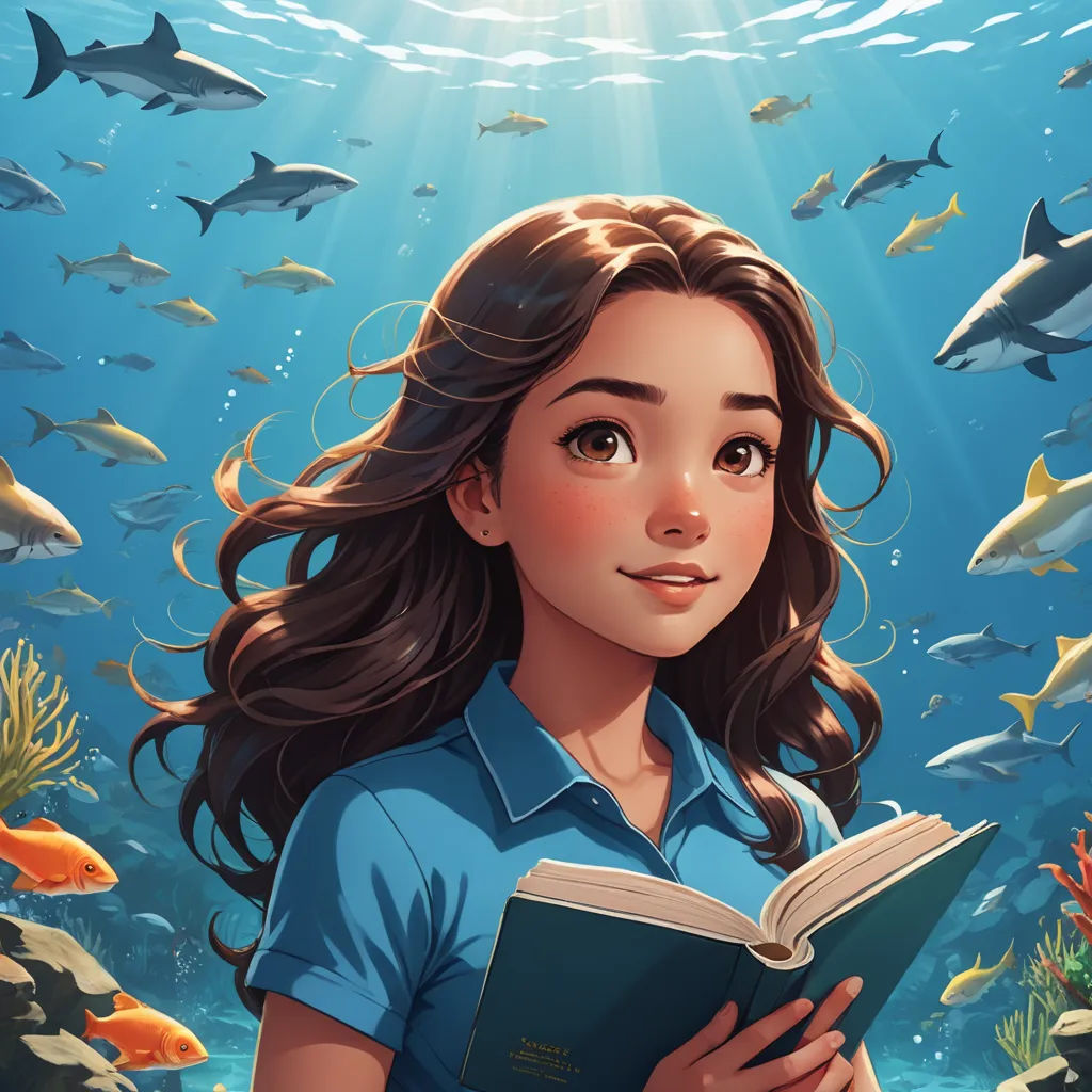 a girl is reading a book under the water with sharks around her and a sunbeam above her head, fantasy art, a storybook illustration, Cyril Rolando, rossdraws global illumination