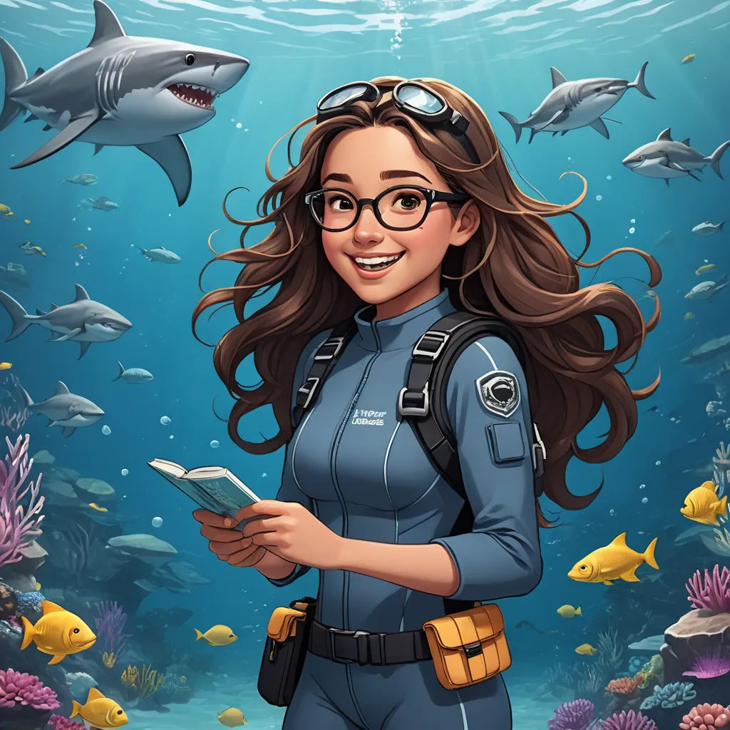 a woman in a diving suit is holding a cell phone in front of a shark and coral reef with sharks, fantasy art, a character portrait, Artgerm, character portrait
