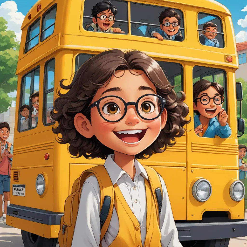 a cartoon of a girl with glasses and a school bus in the background with a group of people on the bus, paris school, a comic book panel, Diego Gisbert Llorens, official art