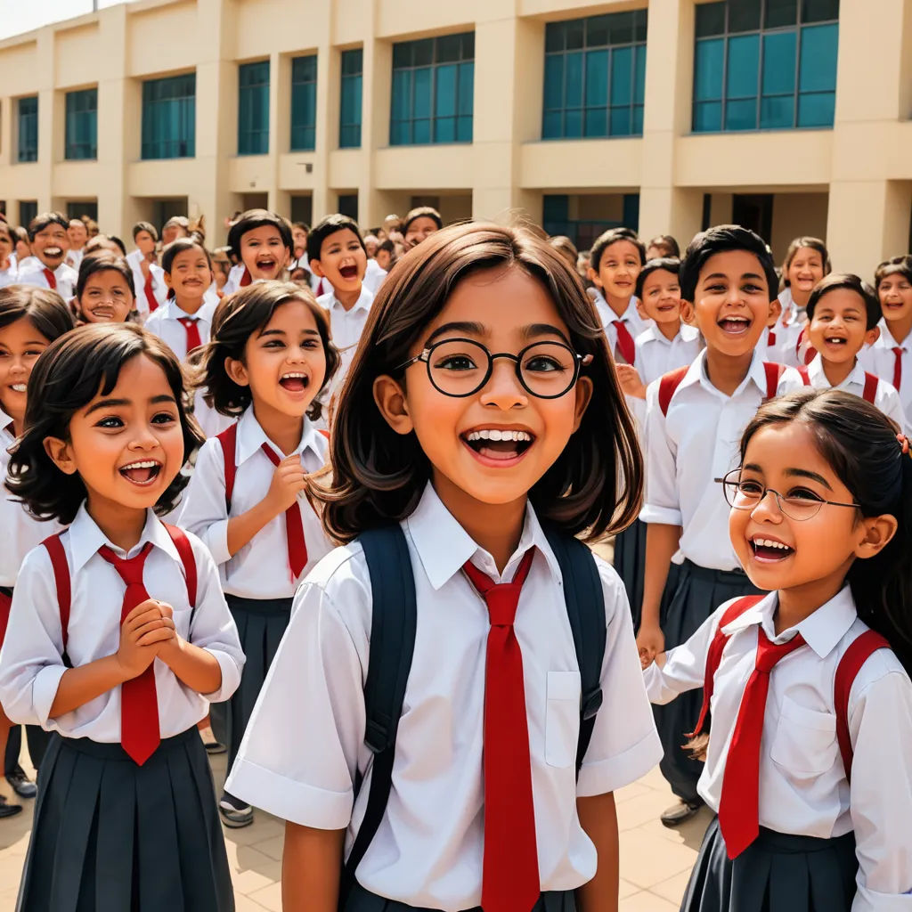 a group of children in school uniforms standing in front of a building with their hands in their pockets and smiling, danube school, a stock photo, Ella Guru, promotional image