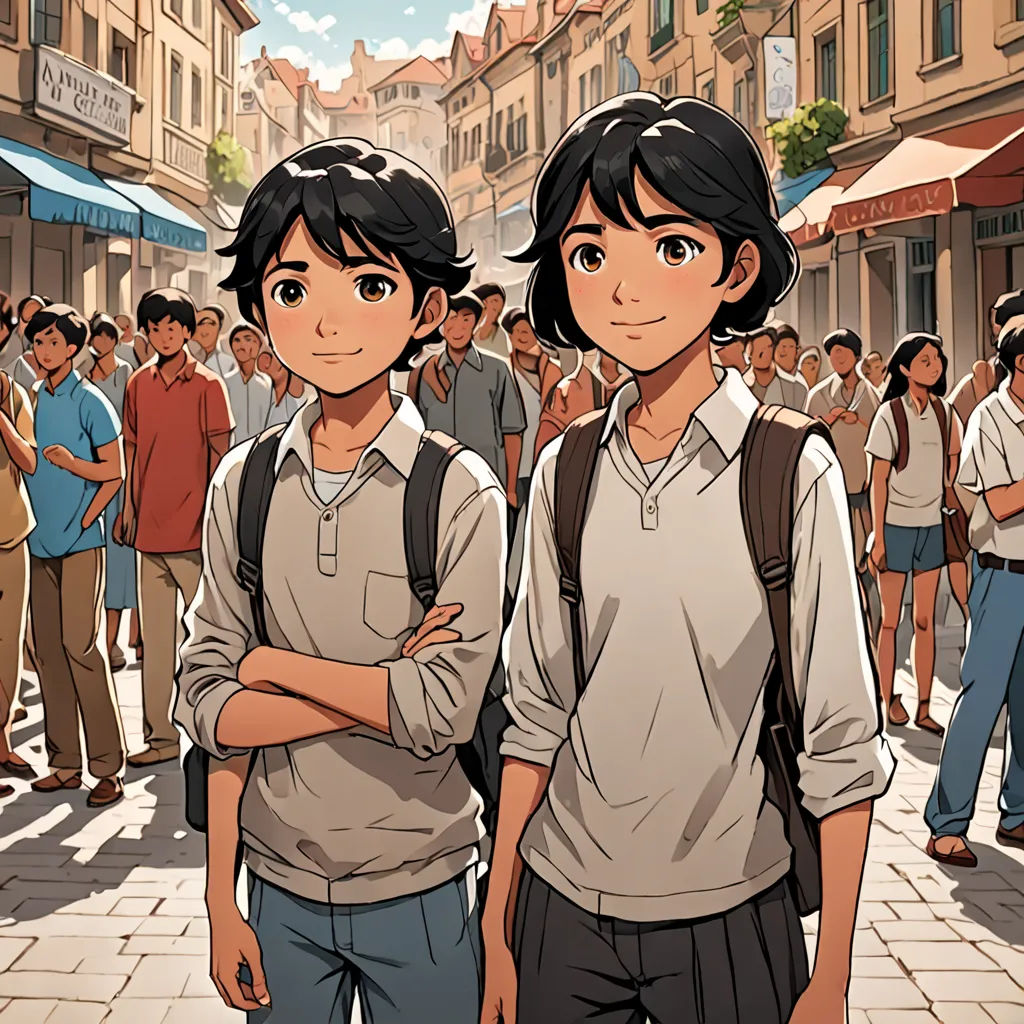 two people standing in front of a crowd of people on a street with buildings in the background and a crowd of people standing in the street, serial art, a comic book panel, Brothers Hildebrandt, official art