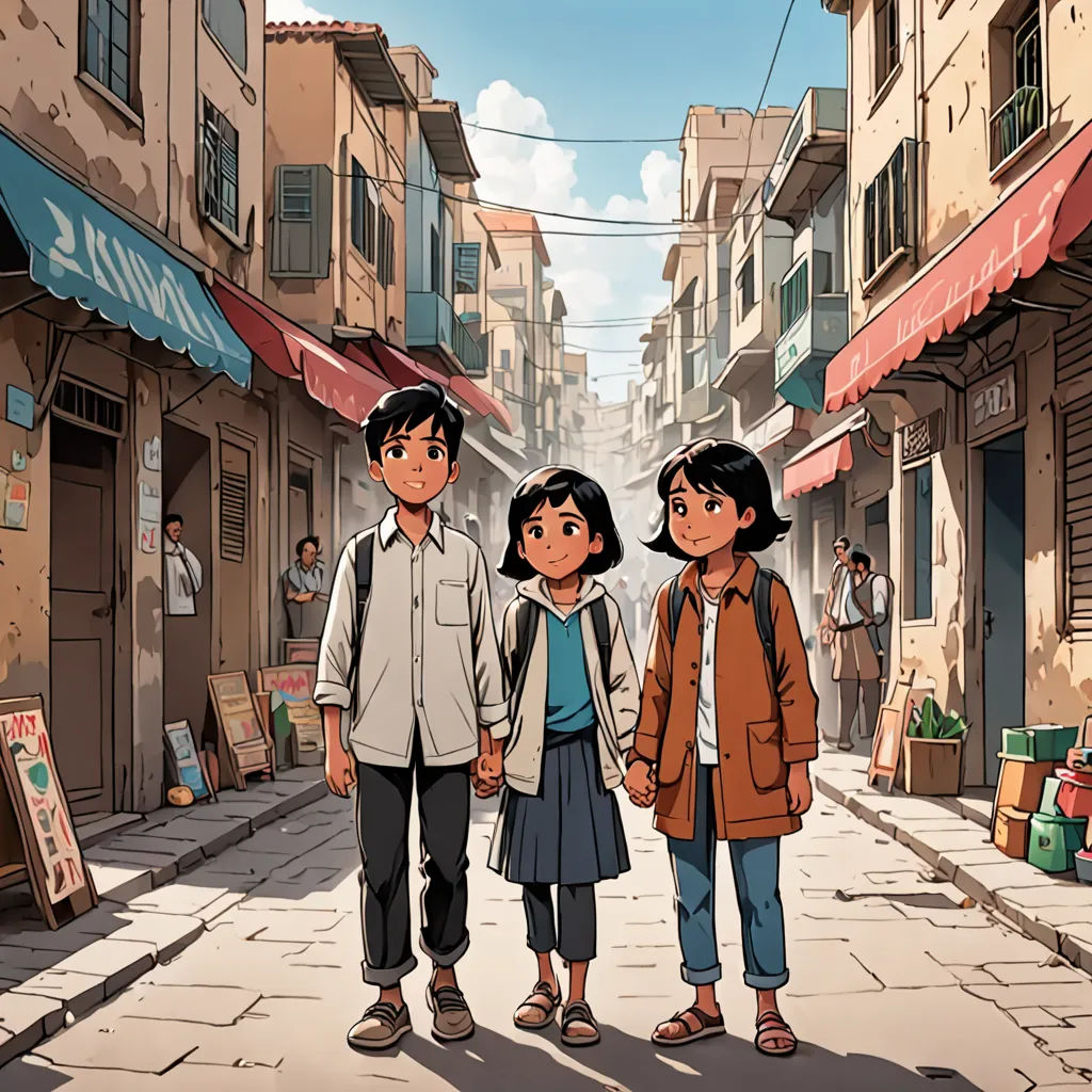 three people standing on a street in a city with buildings and a red awning over the street is a sign that says no nuts, serial art, a comic book panel, Asaf Hanuka, official art