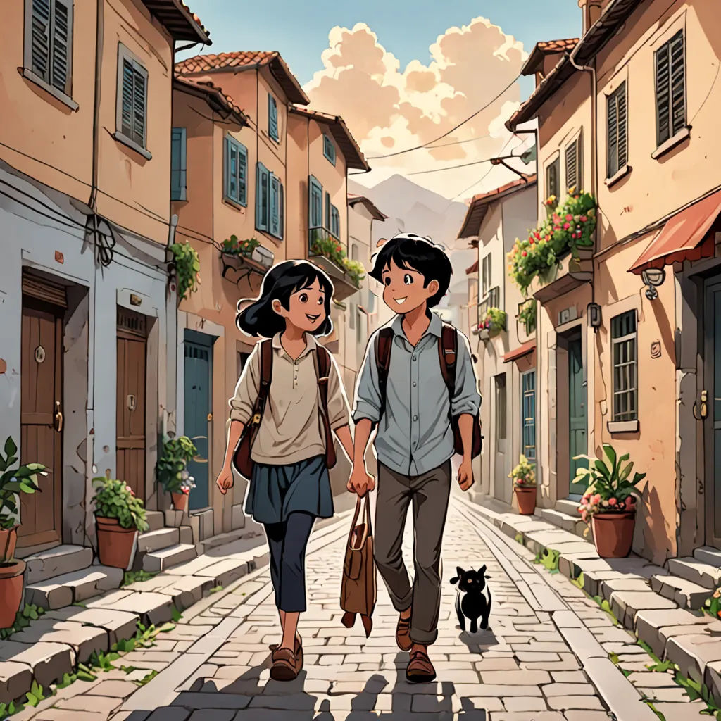 a couple of people walking down a street next to a dog and a cat on a leash on a leash, art & language, a storybook illustration, Asaf Hanuka, official art