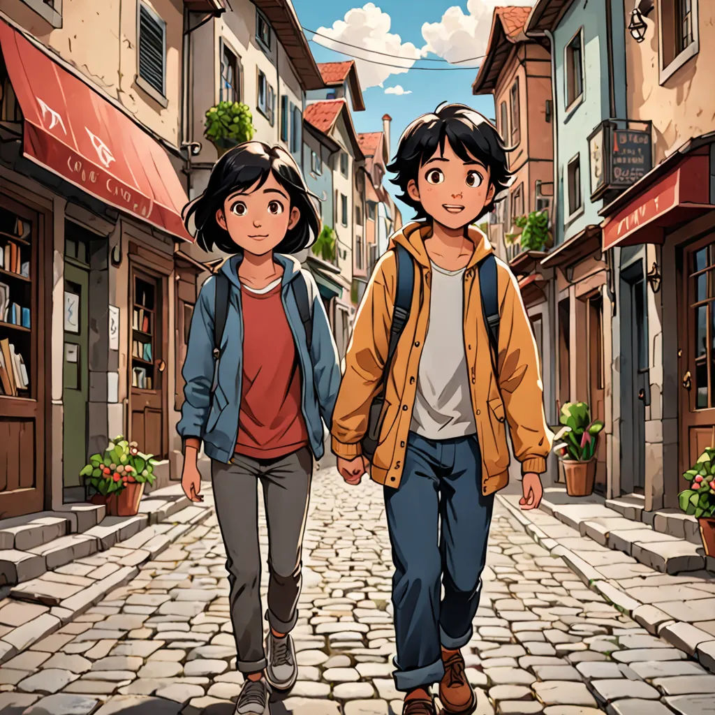 two people walking down a street in a cartoon style with buildings in the background and a sky with clouds, paris school, a comic book panel, Brothers Hildebrandt, official art