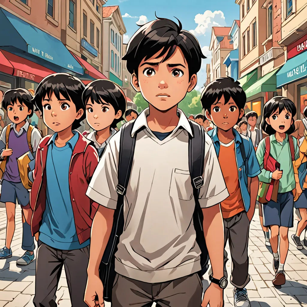 a man standing in front of a crowd of people on a street with a backpack on his shoulder and a backpack on his shoulder, rayonism, a comic book panel, Asaf Hanuka, yukito kishiro