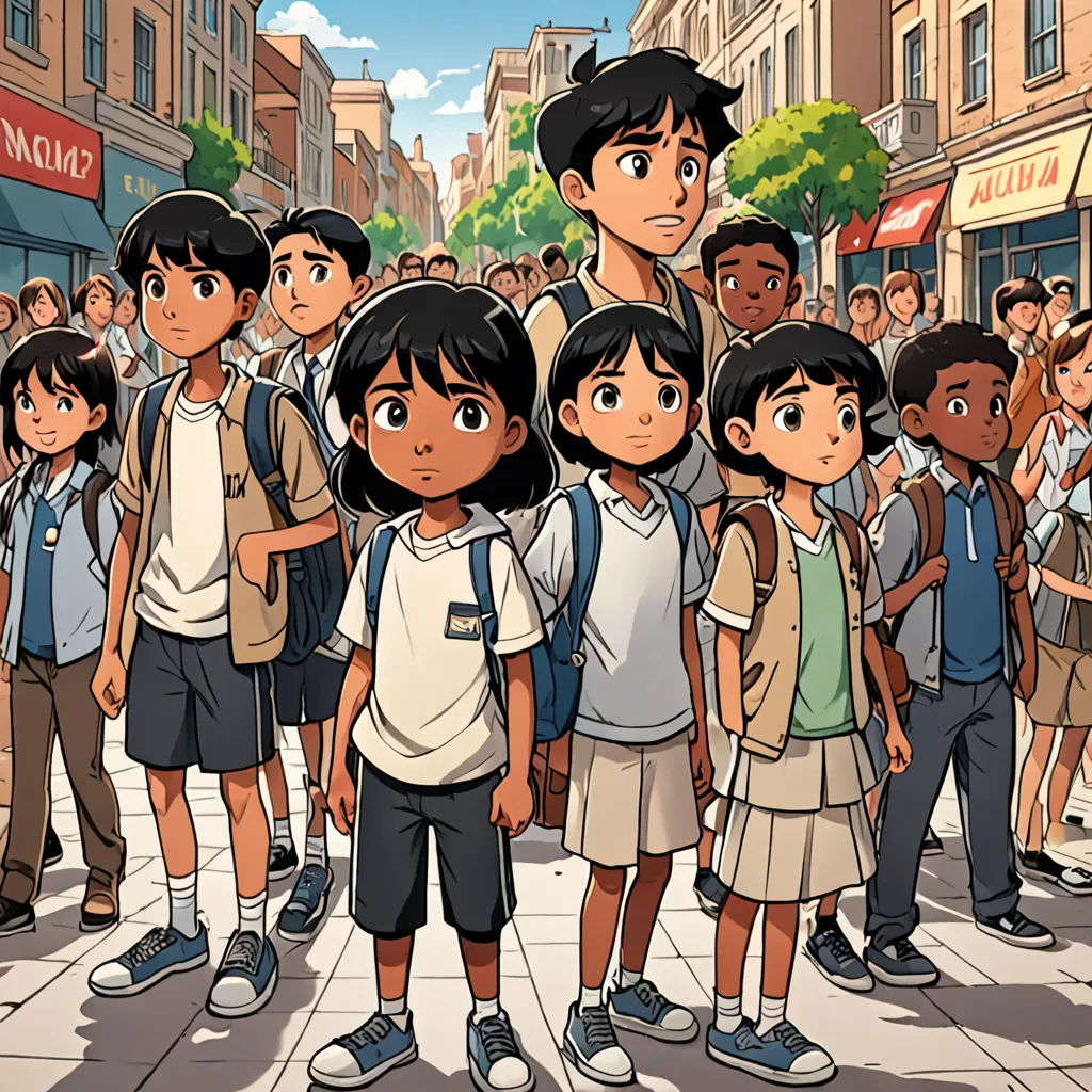 a group of children standing in front of a crowd of people on a street with buildings in the background, serial art, a comic book panel, Altoon Sultan, official art
