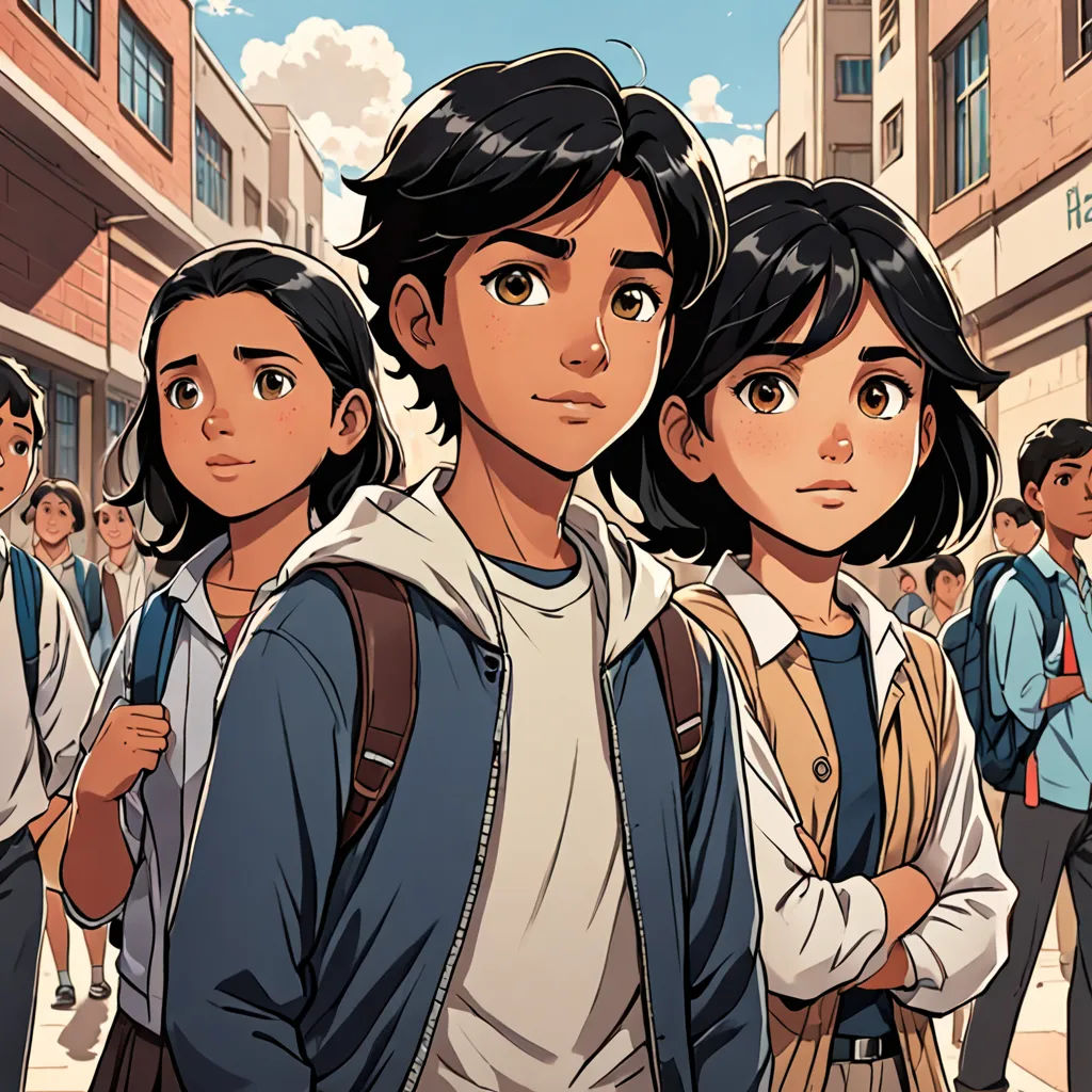 a group of people standing in a line on a street with buildings in the background and a cartoon of a man and woman, serial art, a comic book panel, Artgerm, comic cover art
