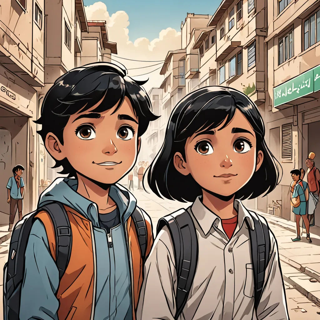 two people standing in front of a building on a street with a sign that says, the boy and the girl are looking at the camera, hurufiyya, a comic book panel, Amir Zand, comic cover art