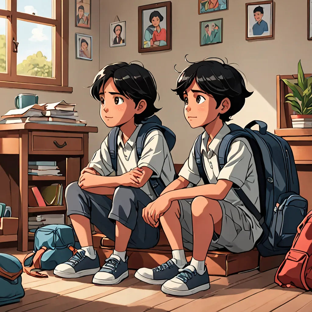 two young boys sitting on a bench in a room with a book case and a backpack on the floor, serial art, a comic book panel, Brothers Hildebrandt, official art