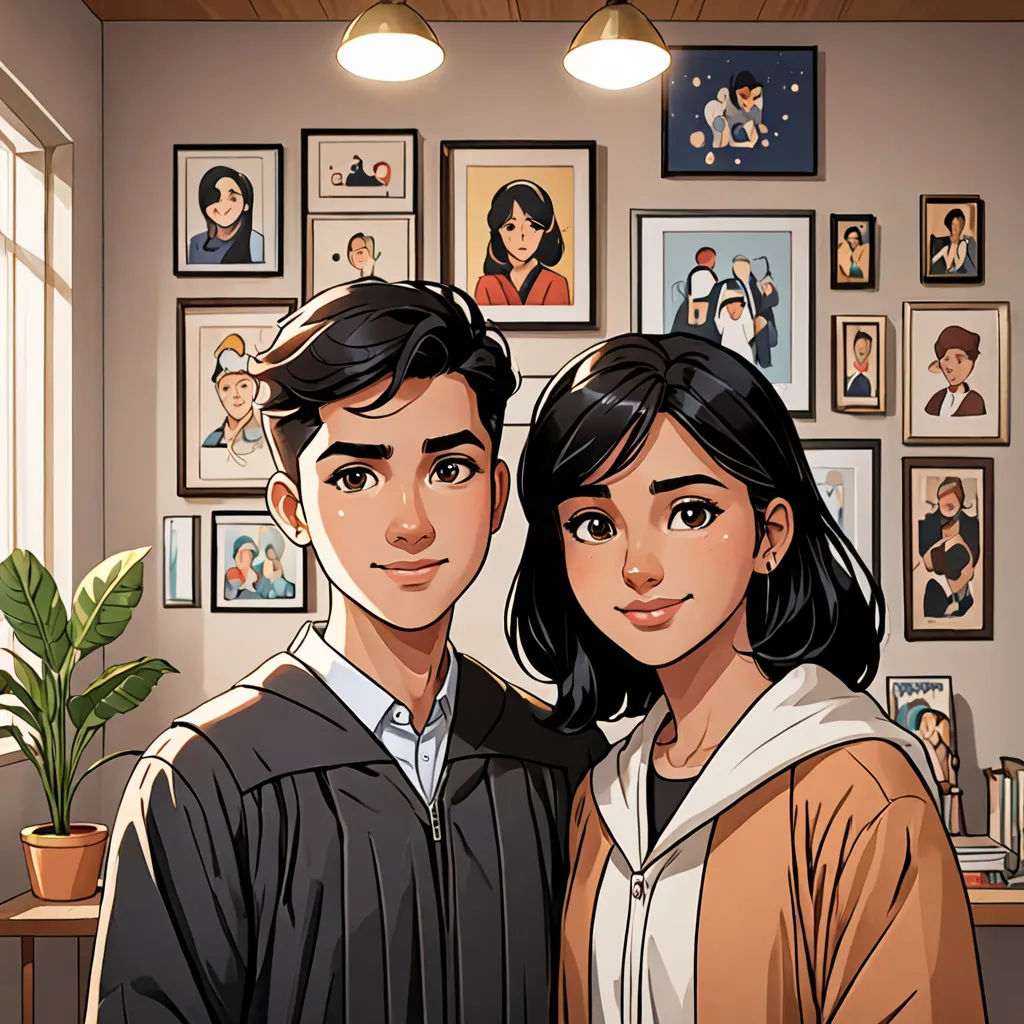 a couple standing next to each other in front of a wall with pictures on it and a potted plant, sots art, a comic book panel, Artgerm, comic cover art