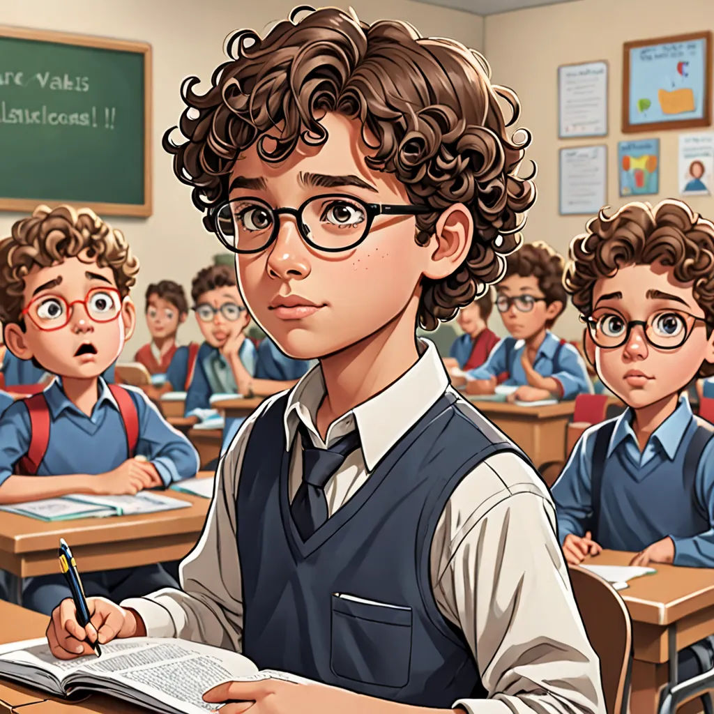 a boy in a classroom with a book and pen in his hand and other children in the background with books, serial art, a comic book panel, Adam Manyoki, official art