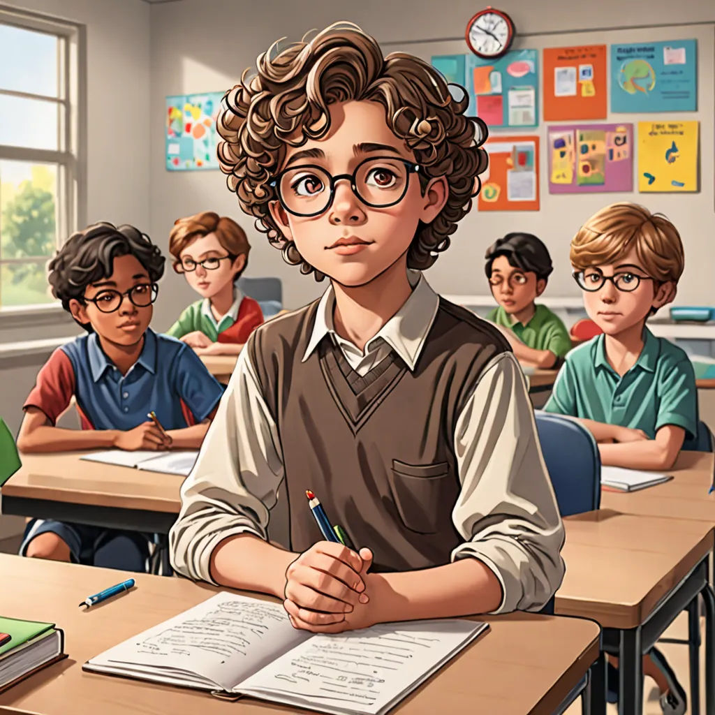 a boy sitting at a desk with a book and pencil in front of him and other children behind him, serial art, a comic book panel, F Scott Hess, official art