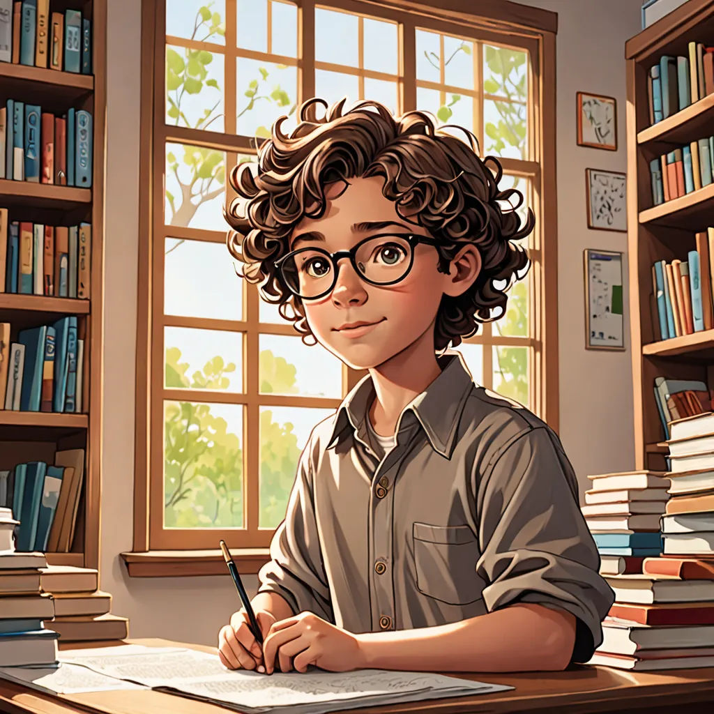 a boy with glasses sitting at a desk with books and a pen in his hand and a window behind him, american scene painting, a storybook illustration, Aaron Jasinski, storybook illustration