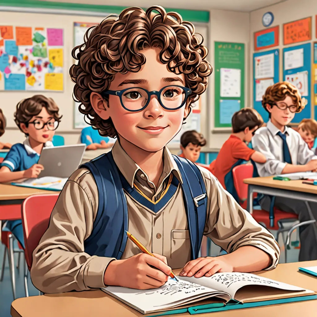 a boy with glasses sitting at a desk with a book and pencil in his hand and other children in the background, american scene painting, computer graphics, Anthony Angarola, ultra realistic illustration