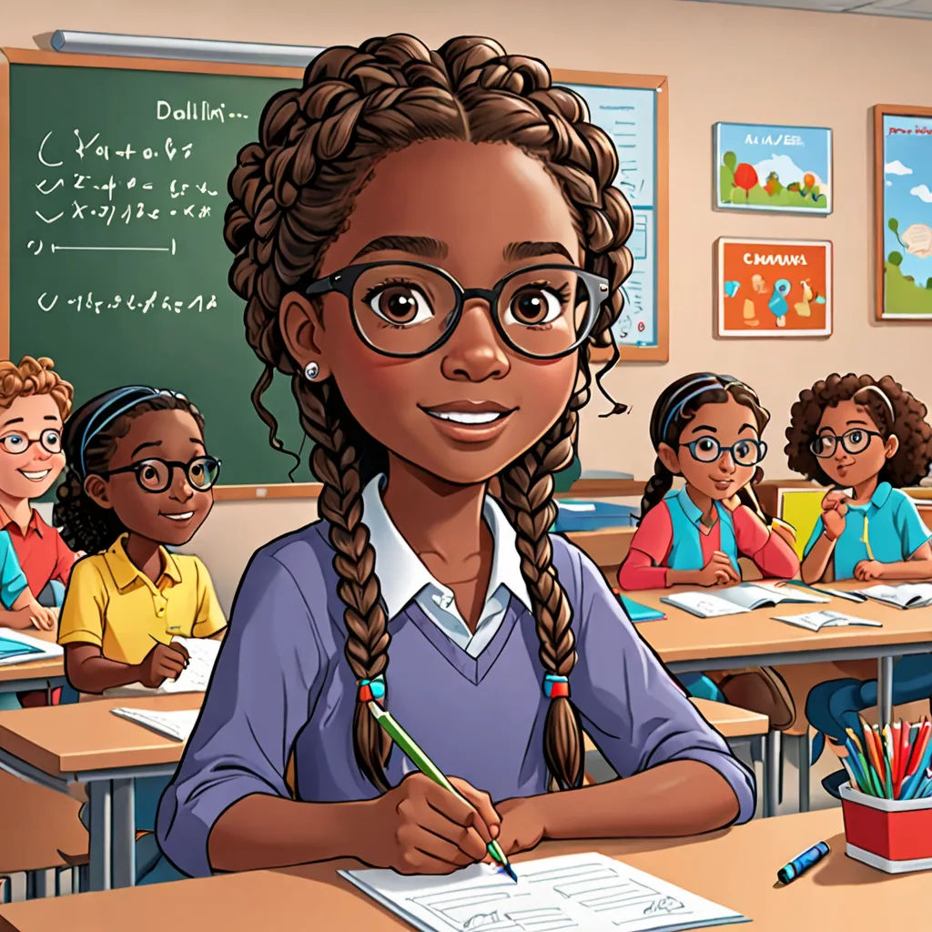a cartoon girl in a classroom with her hands on her desk and other children in the background with their books, northwest school, computer graphics, Constance Gordon-Cumming, official art