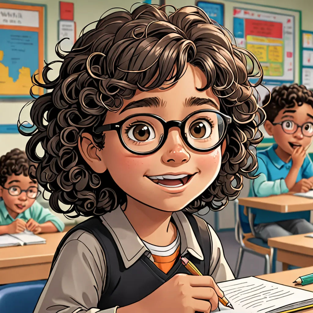 a cartoon of a girl with glasses and a pencil in her hand in a classroom with other children in the background, paris school, a comic book panel, Eddie Mendoza, comic cover art
