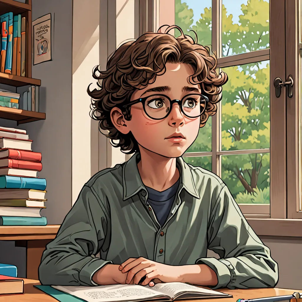 a boy sitting at a desk with a book and a pen in his hand and a book in front of him, serial art, a comic book panel, Diego Gisbert Llorens, graphic novel