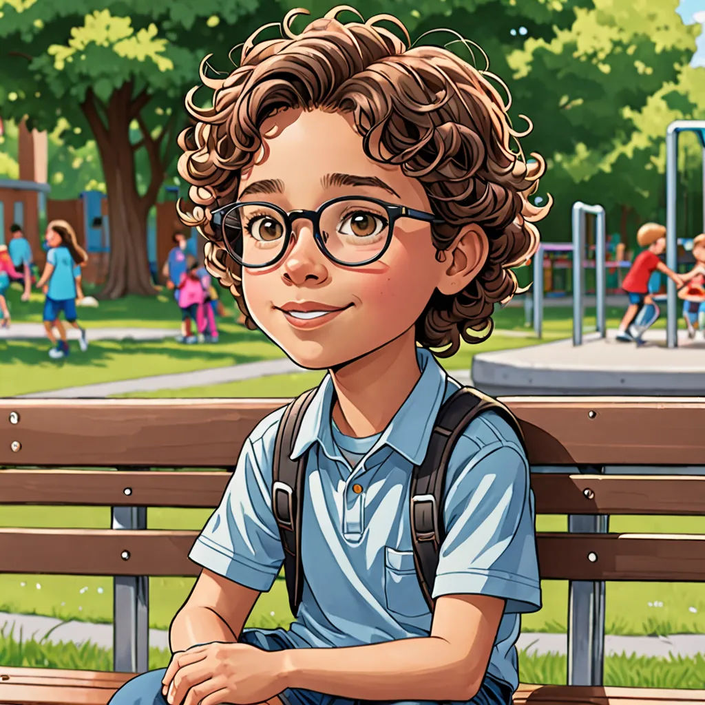 a cartoon boy sitting on a bench in a park with a playground in the background and children playing on the playground, photorealism, a character portrait, Everett Warner, official art
