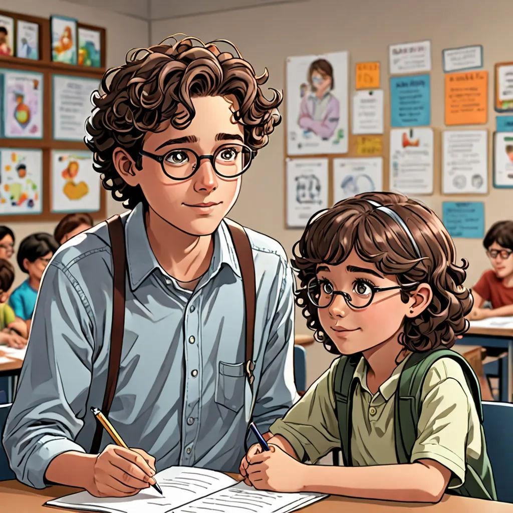 a boy and girl sitting at a desk in a classroom with a teacher in front of them and a poster on the wall, serial art, a comic book panel, Brothers Hildebrandt, official art