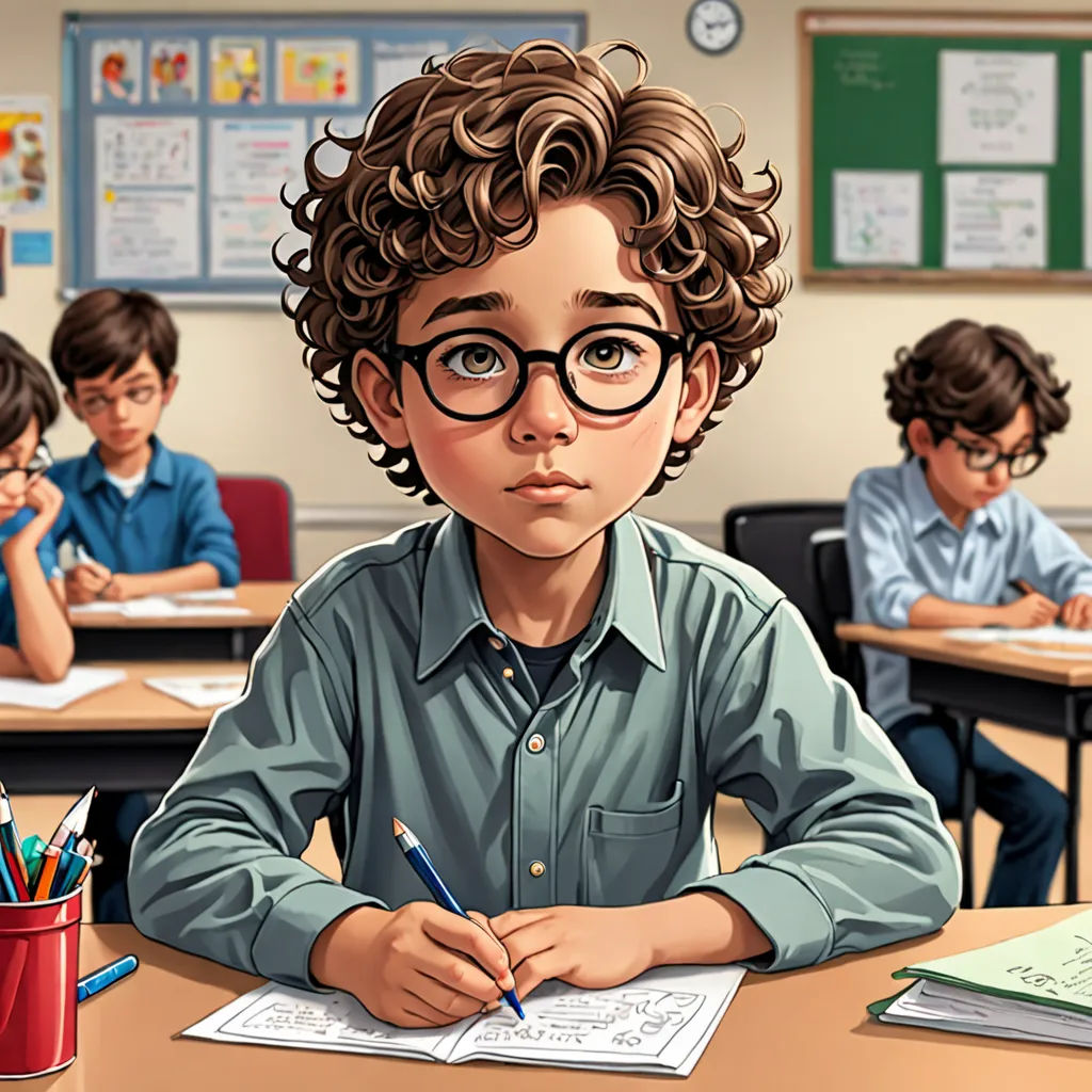a boy with glasses sitting at a desk with a pencil in his hand and a book in front of him, serial art, a character portrait, Diego Gisbert Llorens, highly detailed digital painting