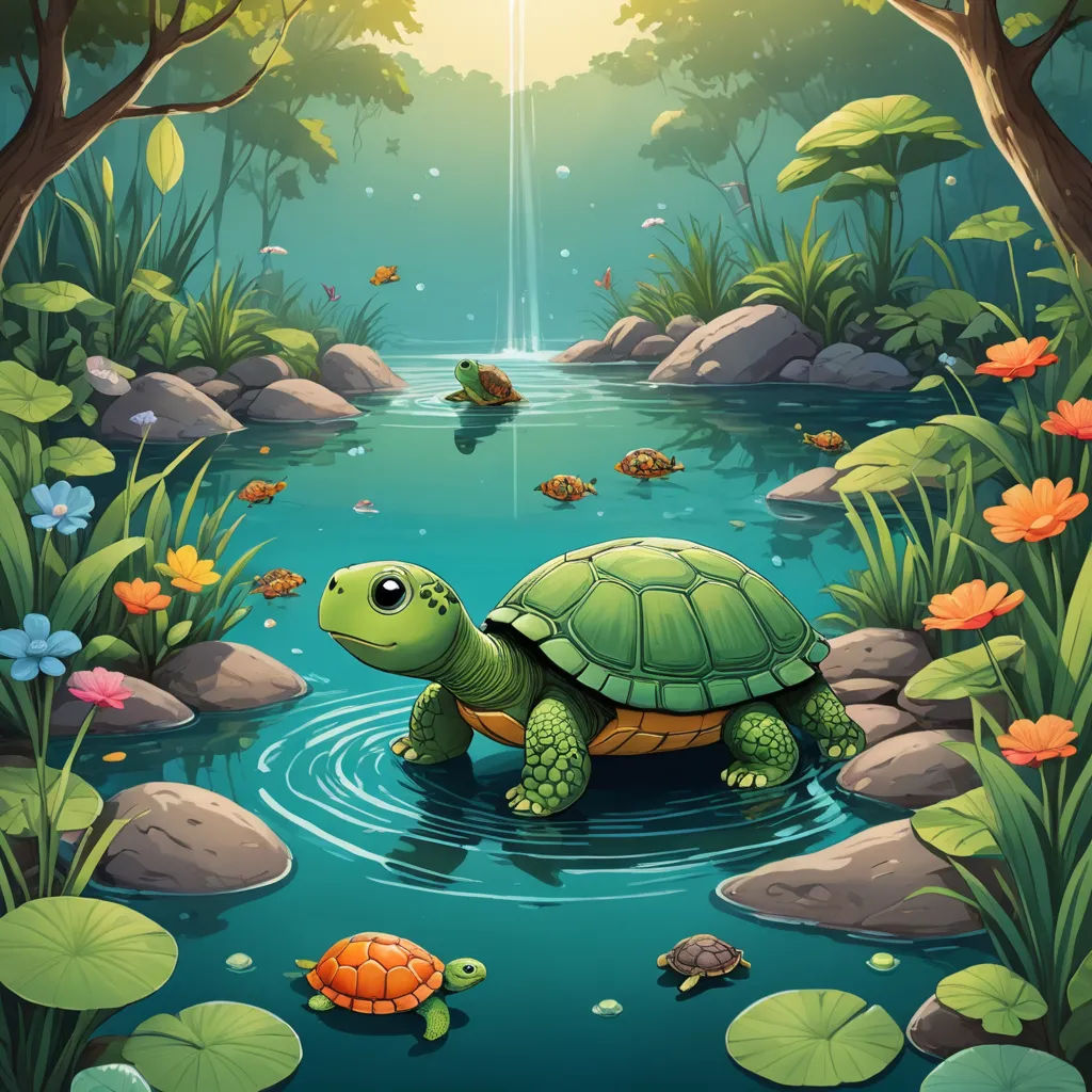 a turtle in a pond with lily pads and a waterfall in the background with a waterfall in the middle, fantasy art, a storybook illustration, Chris LaBrooy, storybook illustration