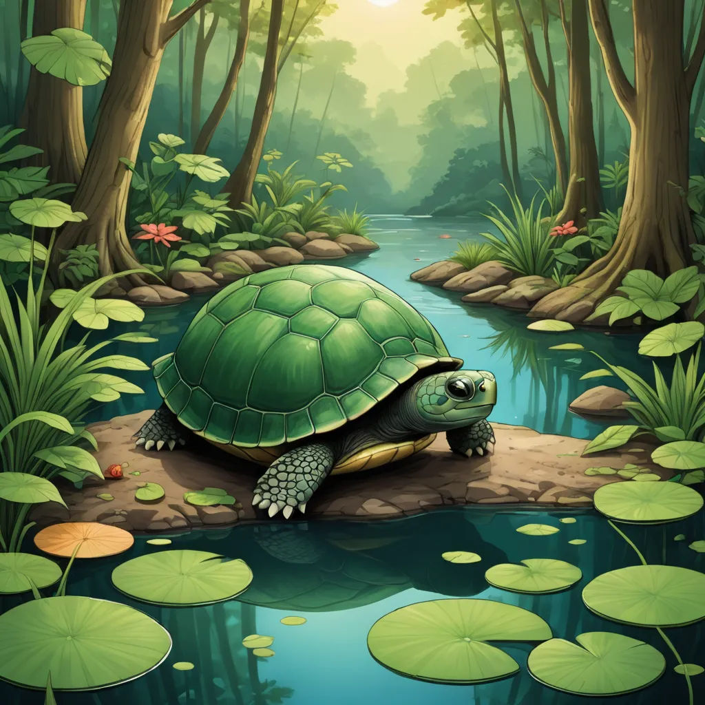 a turtle in the middle of a pond surrounded by lily pads and trees with a sun in the background, fantasy art, a storybook illustration, Chris LaBrooy, storybook illustration